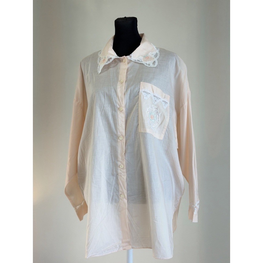 Barbizon Peach Cotton Embroidered Lace Trim Night Top Sleep Shirt M Vintage 80s